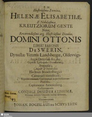 Illustrissimae Fœminæ, Helenæ Elisabethæ, E Nobilissima Kreutziorum Gente Natæ ...