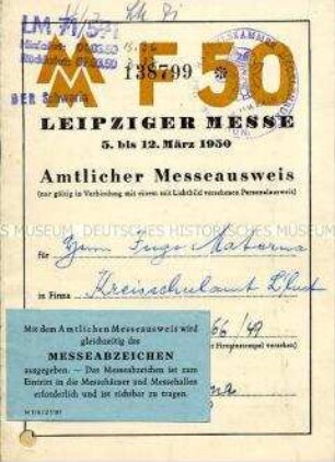 Amtlicher Ausweis zur Leipziger Frühjahrsmesse 1950
