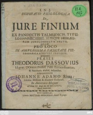 Disputatio Philologica De Iure Finium Ex Pandectis Talmudicis, Titulo Hammecabbel, Aliisque Hebraeorum Iureconsultis Eruto