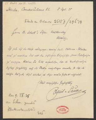 Brief an B. Schott's Söhne : 05.09.1925