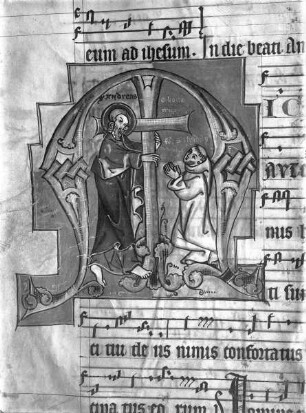 Graduale Cisterciense de Sanctis — Initiale M mit dem knienden Schreiber Sifridus Vitulus vor dem heiligen Andreas, Folio 2verso