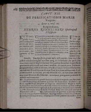 Caput XII. De Purificationis Mariae Virginis. Lucae 2., vers. 22. Respondente Henrico Rennechero Osnabrugensi Westphalo