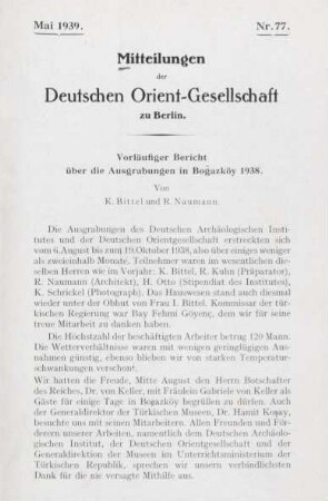 Vorläufiger Bericht über die Ausgrabungen in Bogazköy 1938