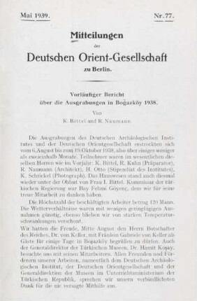 Vorläufiger Bericht über die Ausgrabungen in Bogazköy 1938