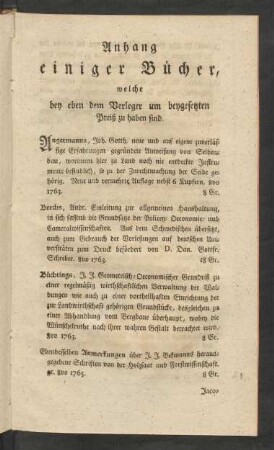 Anhang einiger Bücher, welche bey eben dem Verleger um beygesetzten Preiß zu haben sind.