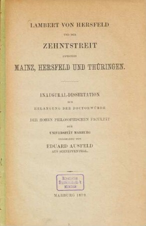 Lambert von Hersfeld und der Zehnstreit zwischen Mainz, Hersfeld und Thüringen