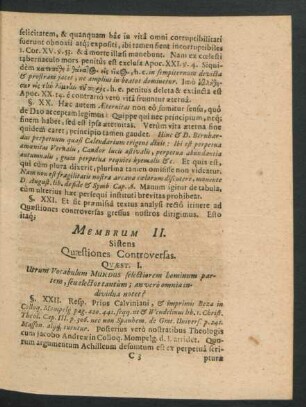 Membrum II. Sistens Quaestiones Controversas.