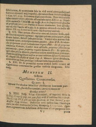 Membrum II. Sistens Quaestiones Controversas.