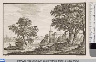 Landschaft mit einem außerhalb der Stadt angelnden Mann