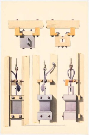 Pfahlramme, Ausklinkmechanismus für einen Rammkopf: Ansichten, Schnitte