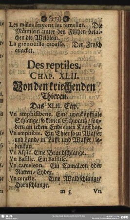 Des reptiles. Chap. XLII. Von den kriechenden Thieren. Das XLII. Cap.