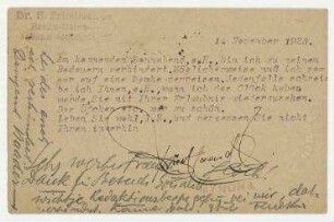Postkarte von Salomo Friedlaender an Hannah Höch. Berlin. Mit handschriftlichem Zusatz von Anselm Ruest und Johannes Baader