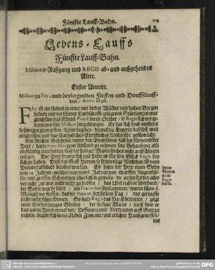 Lebens=Lauffs Fünfte Lauff=Bahn. Missions=Außgang und Regis ab= und ausgehendes Alter