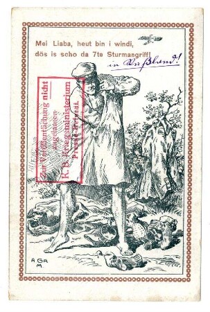 o.Nr.: Mei Liaba, heut bin i windi ... (Soldat sucht Läuse) (verboten, mit Zensurvermerk 11.09.1915)
