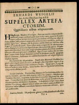 Erhardi Weigelii ... Supellex Artefactorum, Quotidianis usibus adaptatorum.