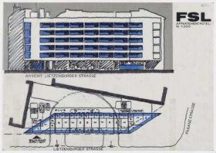 Gutachten Appartmenthaus Lietzenburger Straße (nicht realisiert) – Grundriss, Ansicht. Berlin-Charlottenburg, Lietzenburger Straße 65