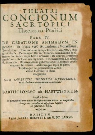 4: Theatri Concionum Sacr. Topici Theoretico-Practici Pars ... : De Creatione Animalium In genere