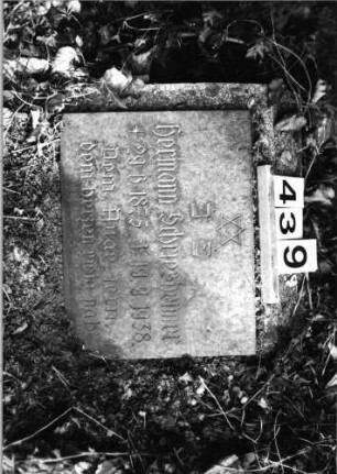 Grabstein 439 (Index: 100092390) Material: Granit, Schriftplatte poliert Zustand: gut Maße HxBxT: 33x42x2 cm Beschreibung: blockartige Stele mit aufgesetzter Schriftplatte Symbolik: Davidstern Besonderheit: deutscher Reim: Grabstein 439