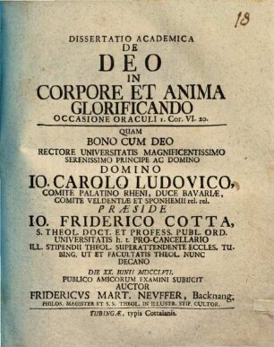 Diss. acad. de Deo in corpore et anima glorificando : occasione oraculi I. Cor. VI, 20.