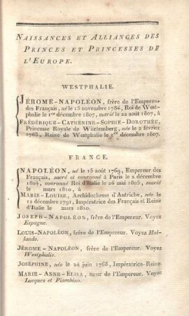 Naissances et alliances des princes et princesses de l'Europe.