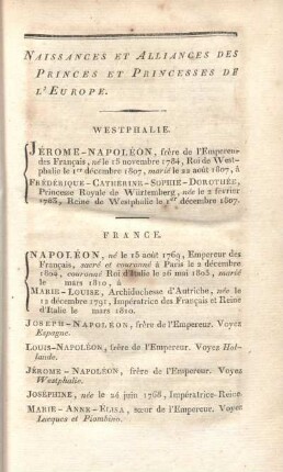 Naissances et alliances des princes et princesses de l'Europe.