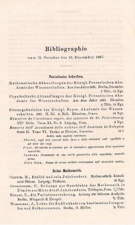 Bibliographie vom 15. October bis 15. December 1867.
