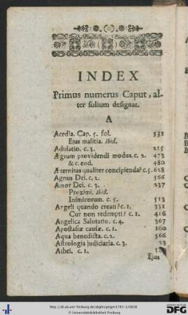 Index. Primus numerus Caput, alter folium designat.