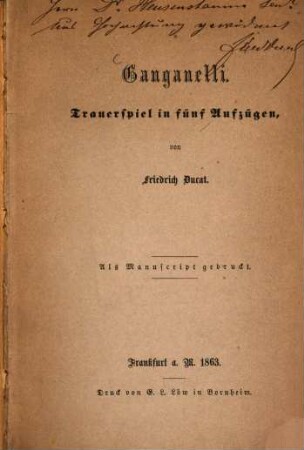 Ganganelli : Trauerspiel in fünf Aufzügen
