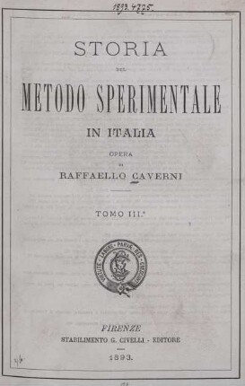 Tomo 3: Storia del metodo sperimentale in Italia. Tomo 3