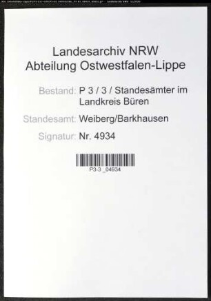 Sterberegister Standesamt Weiberg/Barkhausen