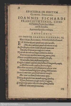 Epicedia In Obitum ... conscripta a Theologis. In Obitum ...