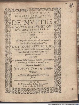 Positiones disputationis, 4,1. De nuptiis, adoptionibus ...