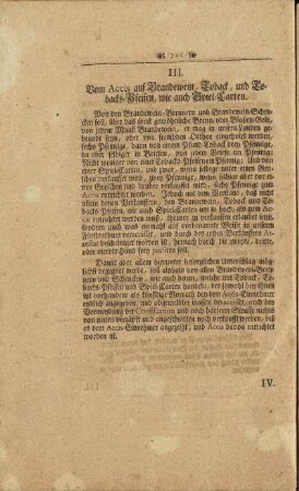 III. Vom Accis auf Brandwein, Toback, und Tobacks-Pfeifen, wie auch Spiel-Carten.