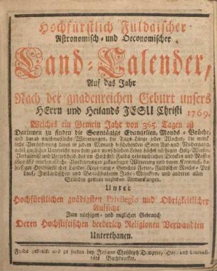 1769: Hochfürstlich fuldaischer astronomisch- und oekonomischer Landkalender