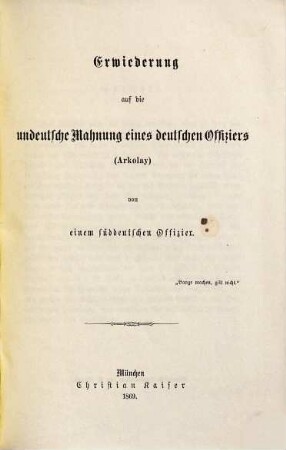 Erwiederung auf die undeutsche Mahnung eines deutschen Offiziers (Arkolay)