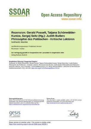 Rezension: Gerald Posselt, Tatjana Schönwälder-Kuntze, Sergej Seitz (Hg.): Judith Butlers Philosophie des Politischen - Kritische Lektüren