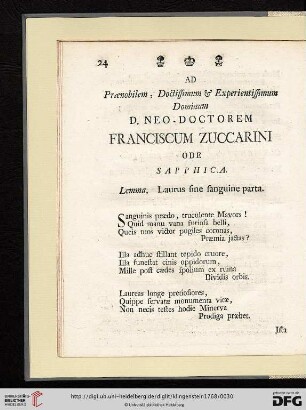D. Neo - Doctorem Franciscum Zuccarini, Ode Sapphica: Lemma. Laurus sine sanguine parta