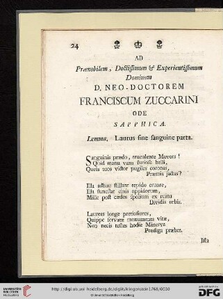 D. Neo - Doctorem Franciscum Zuccarini, Ode Sapphica: Lemma. Laurus sine sanguine parta