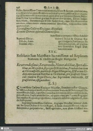 XXX. Resolutio Caesarea ad dictam Replicam Statuum. 9. Nov. 1681