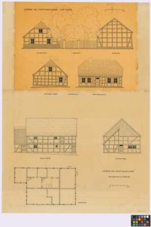Görne (Kreis Westhavelland): Hof Giese und Görne (Kreis Westhavelland): Bauernhaus Könicke. - Wohnhaus Giese (zwei Giebel-Ansichten, Seiten-Ansicht). - Scheune Giese (Giebel-Ansicht). - [Wohnhaus] Könicke (Seiten-Ansicht, Giebel-Ansicht, Grundriss)