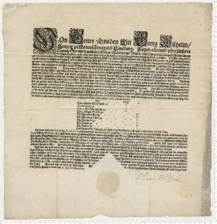 Münzedikt Herzog Georg Wilhelms zu Braunschweig-Lüneburg. Eigenhändige Unterschrift.