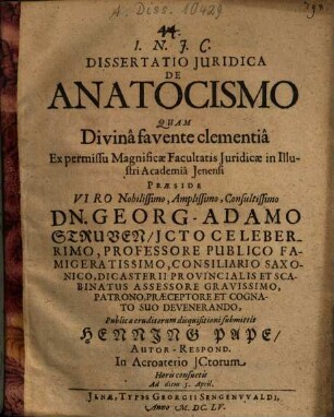Dissertatio Iuridica De Anatocismo