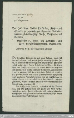 Dictatum Ratisbonae die 1798 per Moguntinum : [Anschreiben zu einem Promemoria]; [Hanau, den 2ten April 1798]