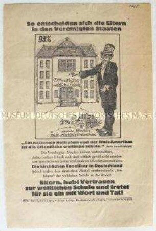 Illustriertes Propagandaflugblatt zur Dominanz weltlicher Schulen in den USA