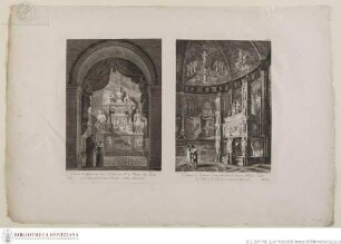 Blatt mit zwei Drucken; links: Grabmal des Sannazaro in S. Maria del Parto in Neapel; rechts: Grabmal des Giovanni di Caraccioli in der Kirche S. Giovanni a Carbonara in Neapel