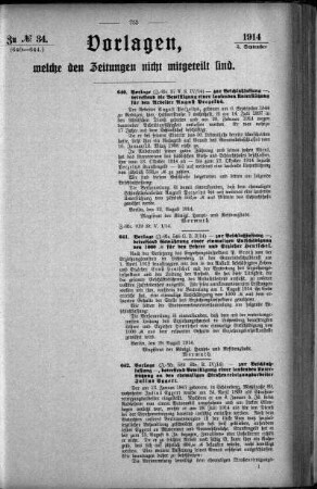 Anlage: zu No.34. (640-644.), Vorlagen, welche den Zeitungen nicht mitgeteilt sind