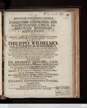 Disputatio Inauguralis Juridica De Parentum Consensus Per Magistratum Circa Liberorum Sponsalia Suppletione