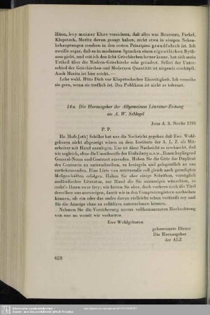 Herausgeber der Jenaische allgemeine Literatur-Zeitung an August Wilhelm von Schlegel, Jena, 03.11.1795
