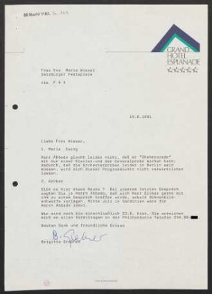 Brief an Evamaria Wieser an Salzburger Festspiele, 15.06.1991