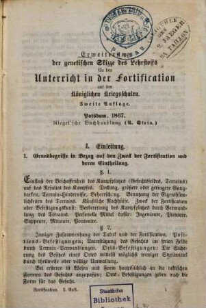 Erweiterung der genetischen Skizze der Lehrstoffs für den Unterricht in der Fortification auf den königlichen Kriegsschulen